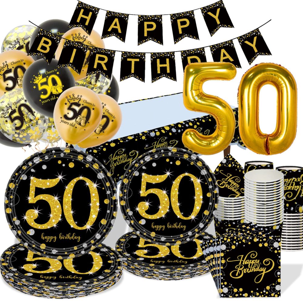 50th Birthday Decorations Party Tableware Set, Black Gold 50th Birthday Paper Party Plates Cups Napkins Tablecloth Balloons for Women Men 50th Birthday Party Decorations Table Supplies, 16 Guests