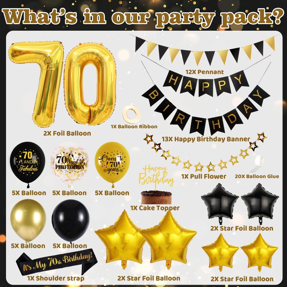 70th Birthday Decoration Set, Black Gold 70th Party Decorations Includes Pull Flower, Banner, Latex Balloons, Foil Balloons, Cake Topper, Pennant, Black and Gold Theme Suitable for 70th Party - Image 7