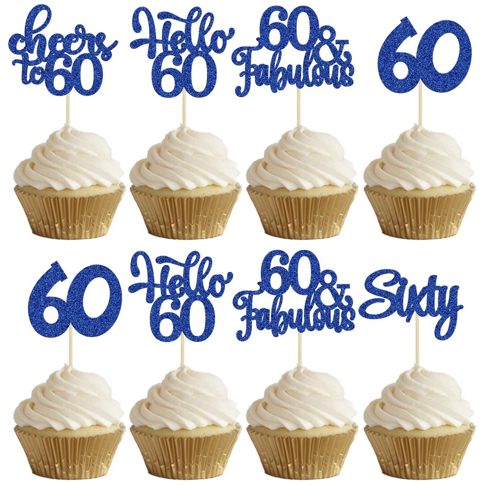 30Pcs Happy 60th Birthday Cupcake Toppers Deep Blue Glitter Sixty Cake Toppers Cheers to 60 Years Old Birthday Cupcake Picks for 60th Birthday Anniversary Party Cake Decorations Supplies