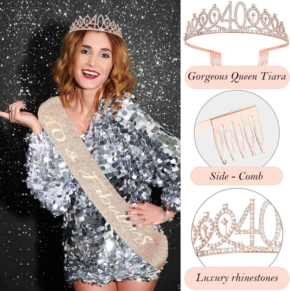 40th Birthday Party Decorations for Women,40th Birthday Tiara and Sash Rose Gold,40th Birthday Balloons,40th Birthday Candle,40th Birthday Cake Topper,Pearl Pin,Birthday Party Supplies for 40th Women - Image 4