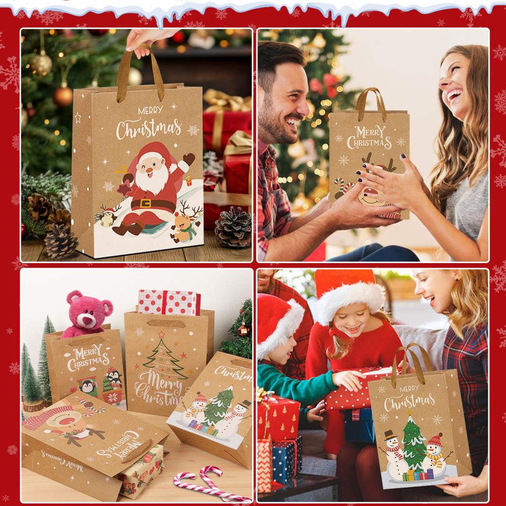 Christmas Brown Gift Bags 12 pcs,Xmas Paper Bags Multipack with Large and Small Sizes,Reusable Kraft Christmas Goody Bags with Handles for Presents,Perfect Paper Carrier Bags for Party,Sweets,Food - Image 2