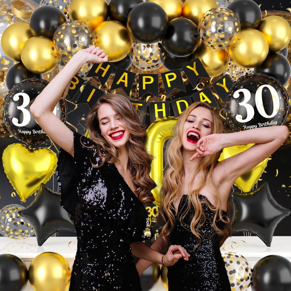 Black and Gold 30th Birthday Decorations, 30th Birthday Balloons Gold and Black 30th Party Decorations with Black Gold Balloons Happy Birthday Banner Cake Topper for Men Women 30th Birthday Supplies - Image 4