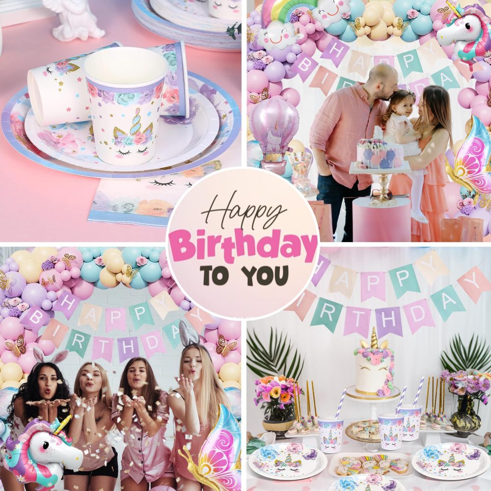 yosiio Unicorn Party Tableware Set, Butterfly Theme Party Supplies, Unicorn Birthday Decoration Set, Paper Plates with Butterfly Balloons for Kids' Birthday Baby Shower 16 Guests - Image 2