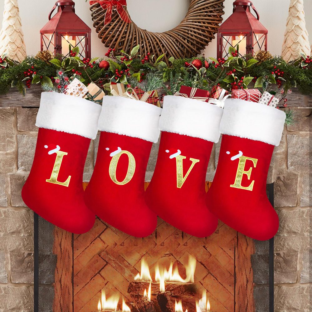 Christmas Stockings Personalised 20 Inch Large Xmas Stockings Monogram Christmas Stockings With Letters Red Velvet Classic Christmas Stocking Fireplace Hanging Ornament Christmas Holiday Party Décor - Image 5