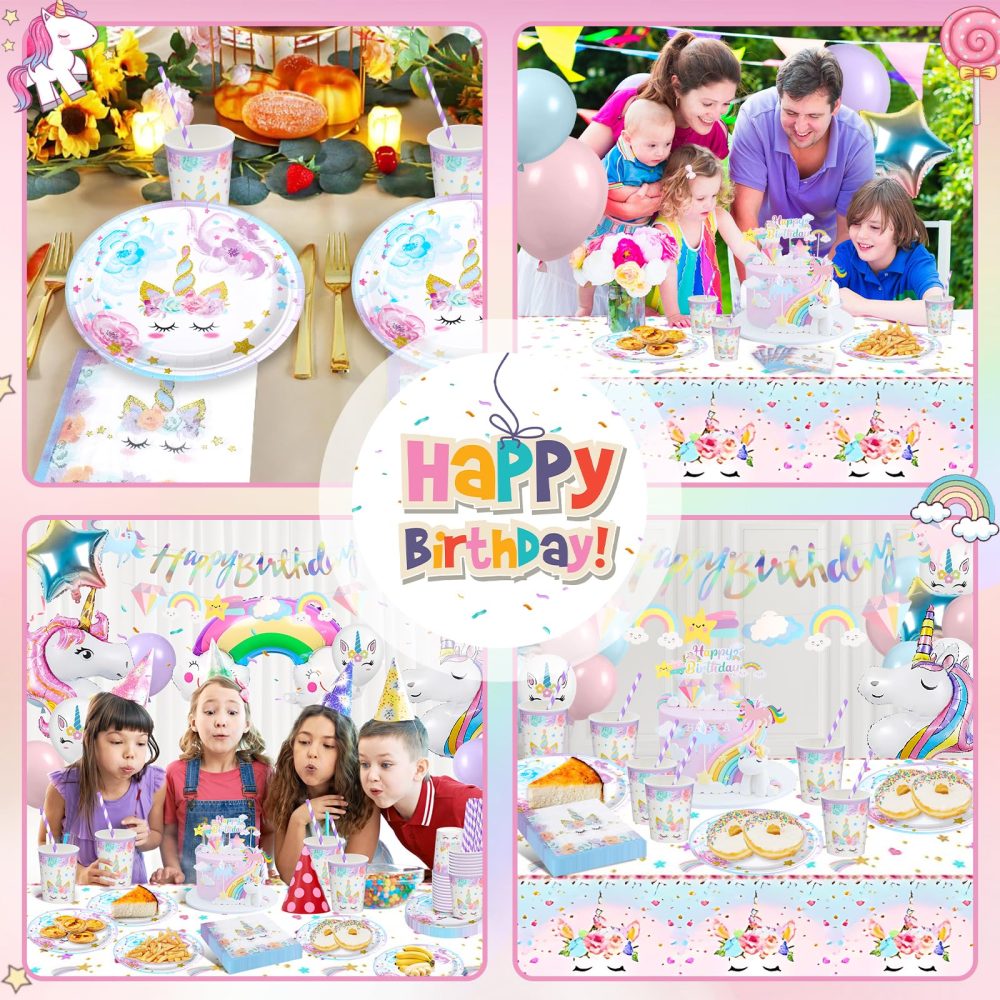 YIMAKJ Unicorn Party Tableware Set, Unicorn Birthday Decoration Set, Unicorn Party Decorations For Girls With Balloons, Tablecloths, Banner, Cake Deco, Party Plates Cups And Napkins(16 Guests) - Image 3