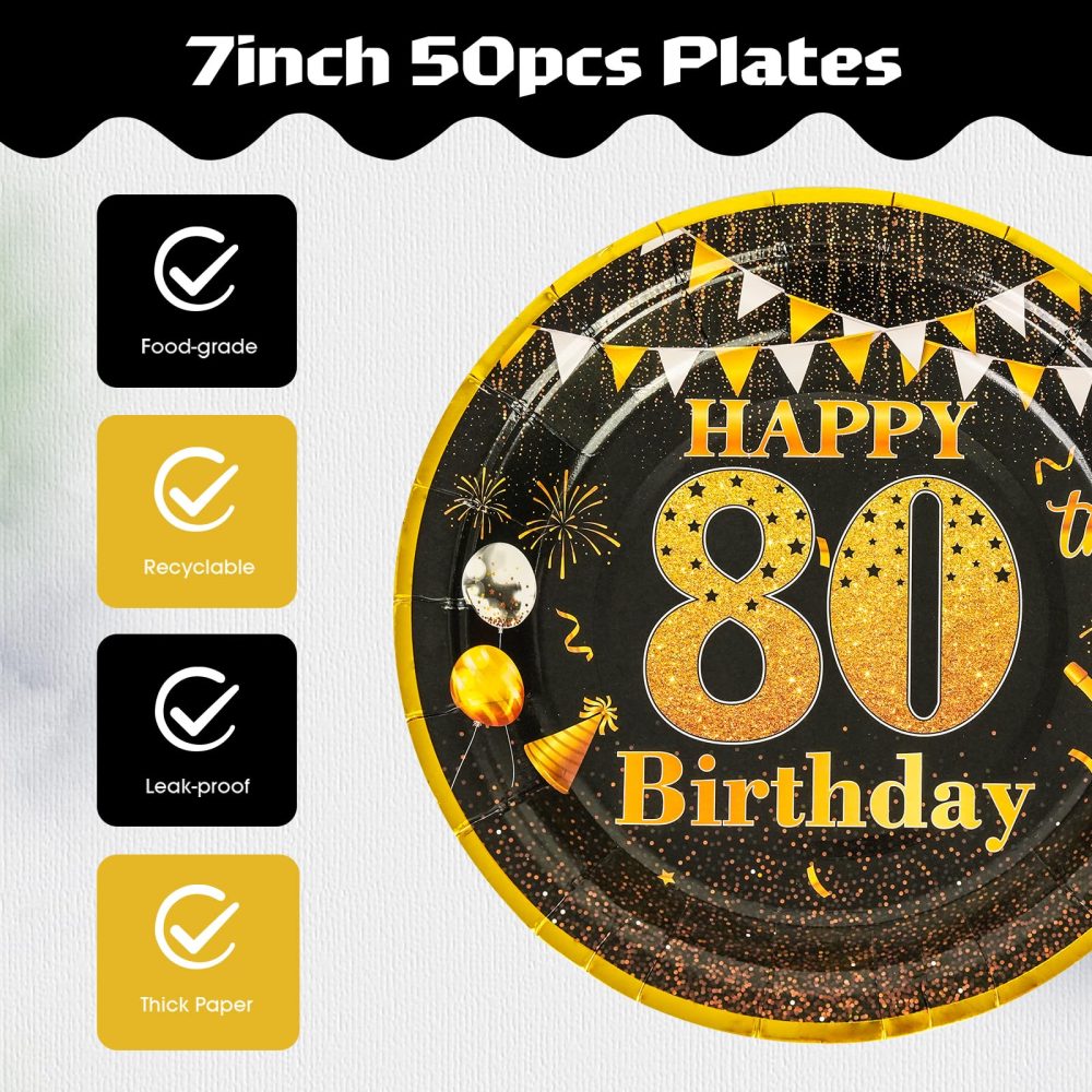 AHPYEUHK Birthday Paper Plates 7" Party Cake Dessert Plates Decorations Disposable Tableware Party Supplies (80th Black) - Image 6
