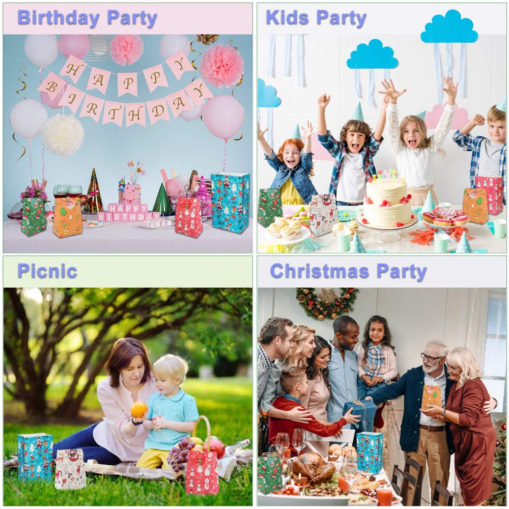 30 Pcs Christmas Paper Bags,Flat Bottom Party Bags,6 Christmas Elements Themed Design with 30 Pcs Stickers for Xmas Party, Birthday and Classroom - Image 4