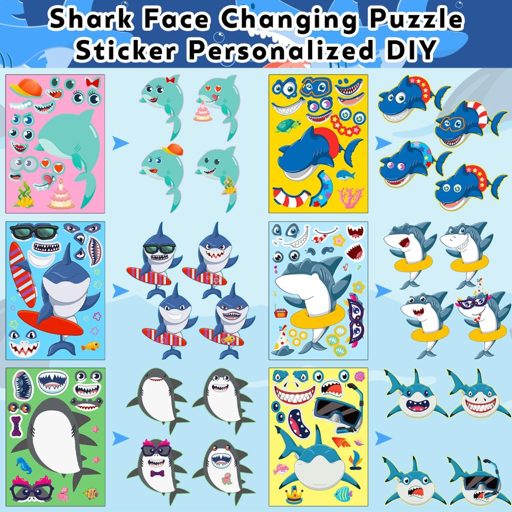 114PCS Shark Party Favors Set - 12 Shark Bracelets Wristbands 54 Shark Stickers 12 Shark Favor Bag 12 Shark Tattoo Stickers 12 Shark Notepads 12 Shark Button Pins for Ocean Shark Party Supplies - Image 2
