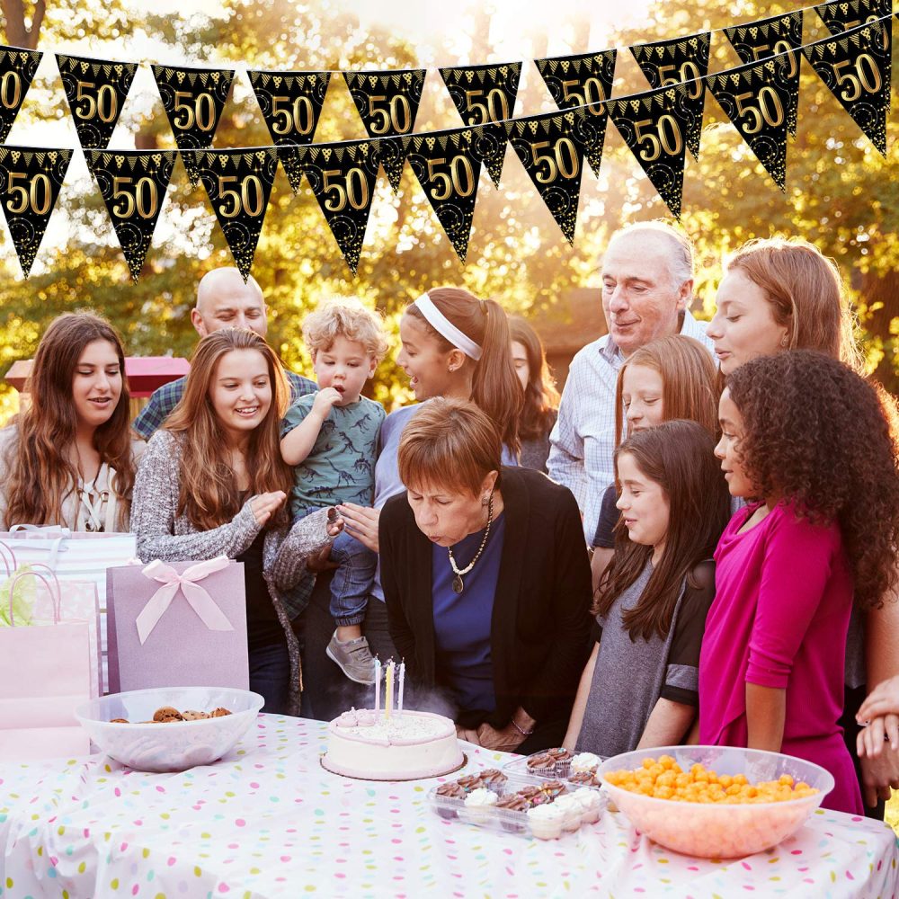 Frienda Happy Birthday Banner Bunting Flags 5 Pieces Gold and Black Glitter Birthday Anniversary Party Decoration Supplies, 7.4 x 10.8 Inch (50th Birthday) - Image 5