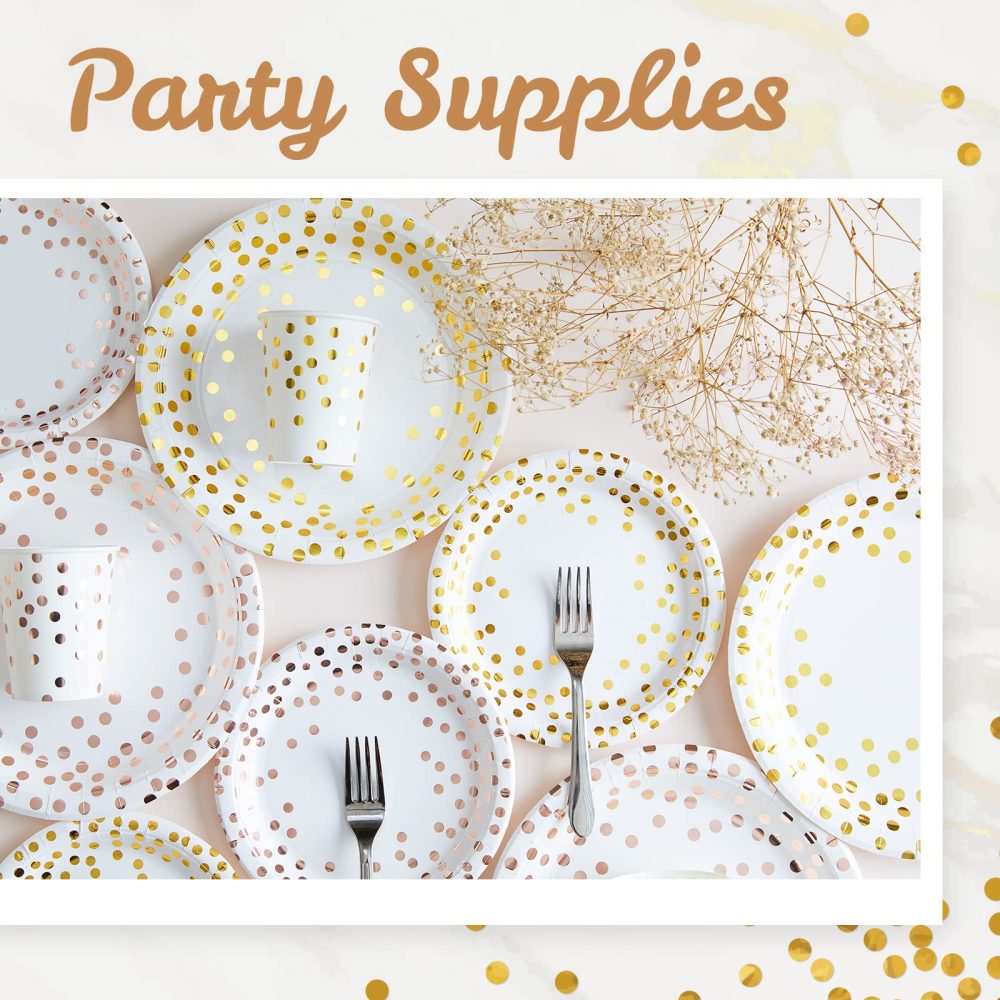 MATICAN Party Paper Plates, 50-Pack Disposable White and Gold Plates, Foil Polka Dots, 9-Inch - Image 6