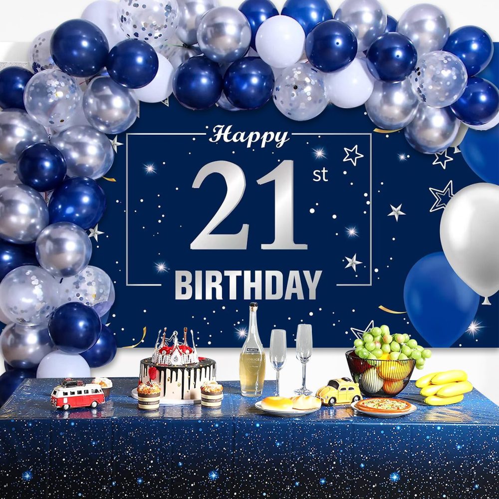 Navy Blue 21th Birthday Decorations Birthday Backdrop Banner Background, 60Pcs Balloons Birthday Party Decoration for Indoor Outdoor Table Garden Wall Photo Backdrop Decoration Supplies (21) - Image 3