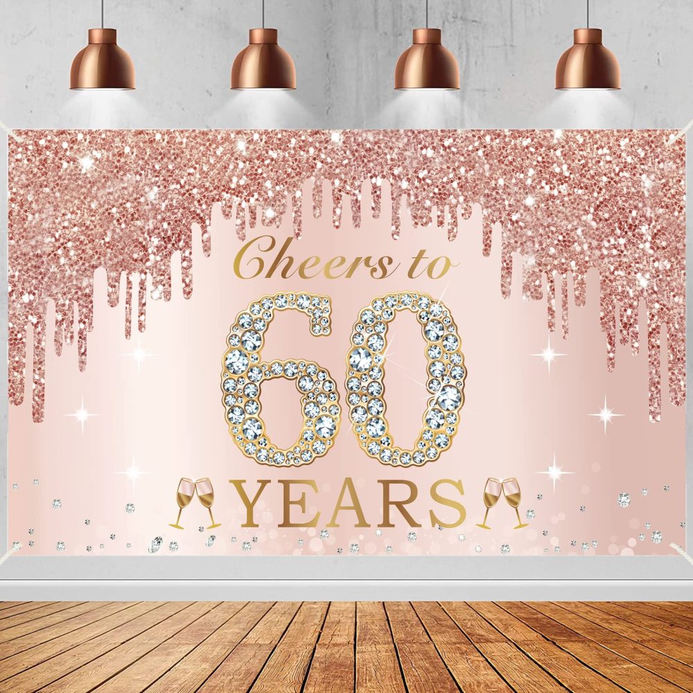 Large Cheers to 60 Years Birthday Decorations for Women, Pink Rose Gold Happy 60th Birthday Banner Backdrop Party Supplies, Sixty Birthday Poster Background Sign Decor