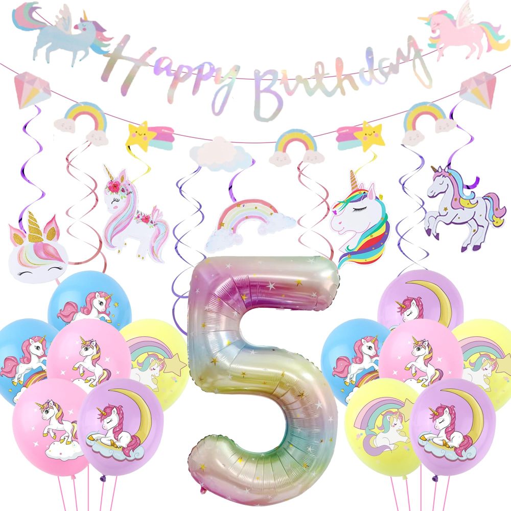 Unicorn 5th Birthday Decorations Girl - 24 Pieces Unicorn Party Decorations, Happy Birthday Banner, Number 5 Foil Balloon, Pull Flower, Hanging Swirl, Unicorn Birthday Party Supplies for Kids Girls