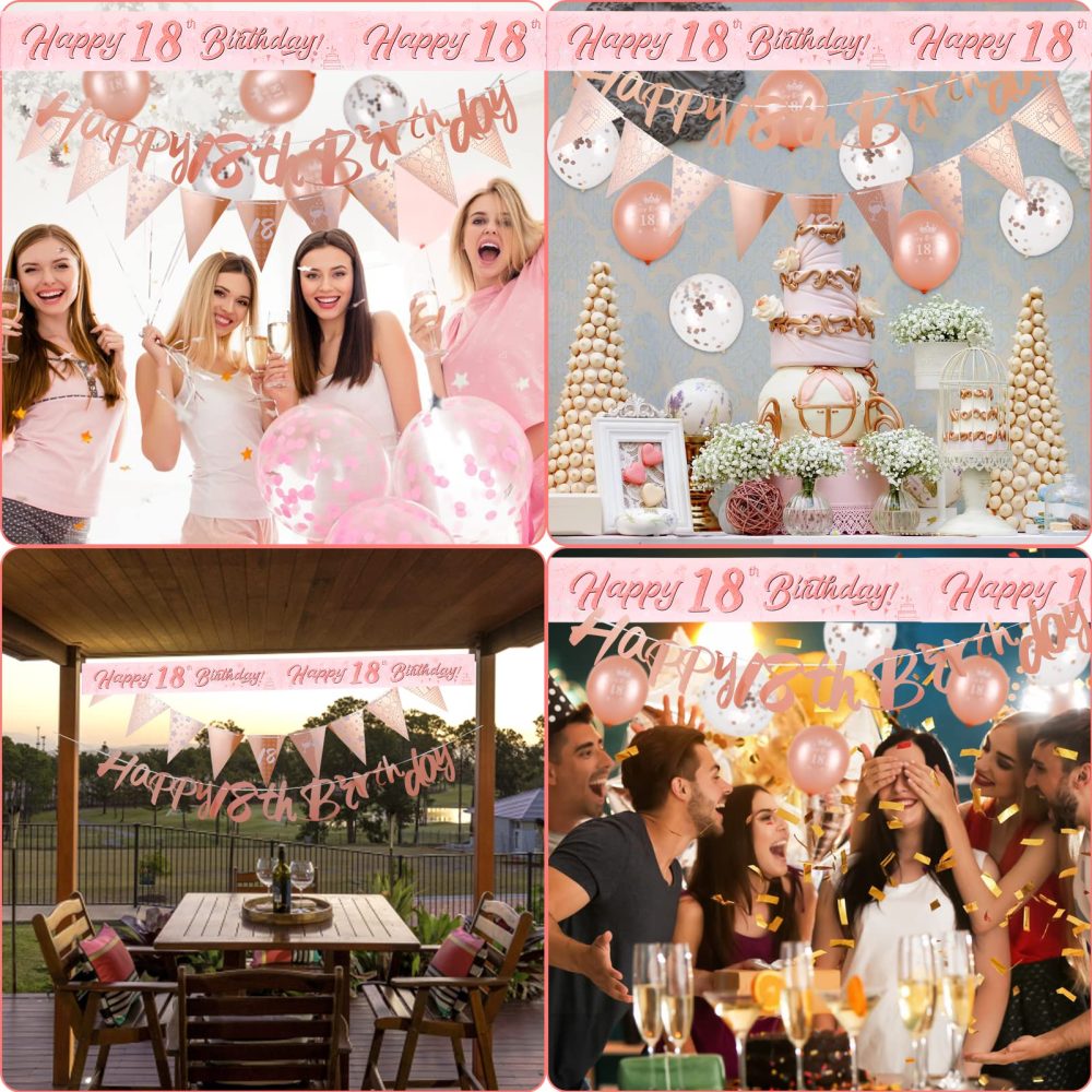 18th Birthday Decorations Kit Rose Gold Happy 18th Birthday Banner Triangle Flag Confetti Balloons Birthday Party Decorations Supplies Age 18 - Image 2