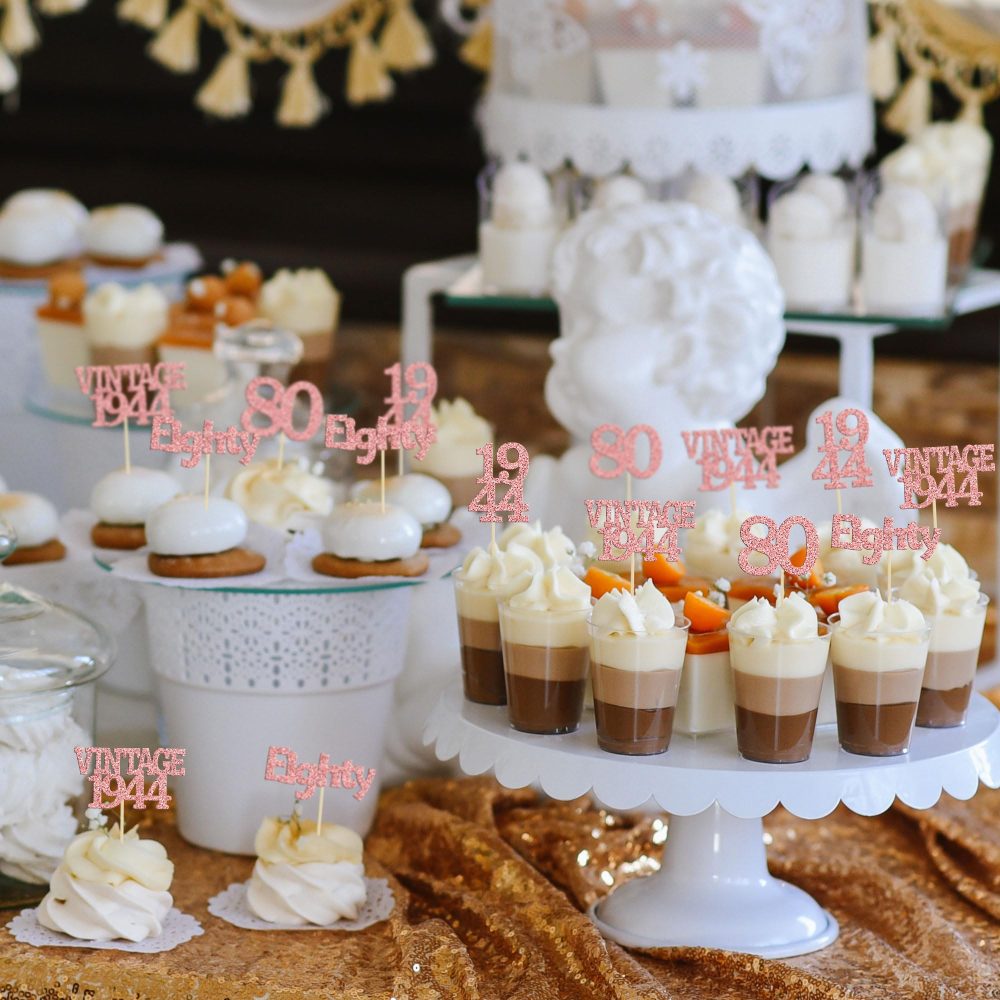 Gyufise 24Pcs 80th Birthday Cupcake Toppers Glitter Cheers to 80 Fabulous Eighty Vintage 1944 Cupcake Picks 80th Birthday Wedding Anniversary Party Cake Decorations Supplies Rose Gold - Image 4
