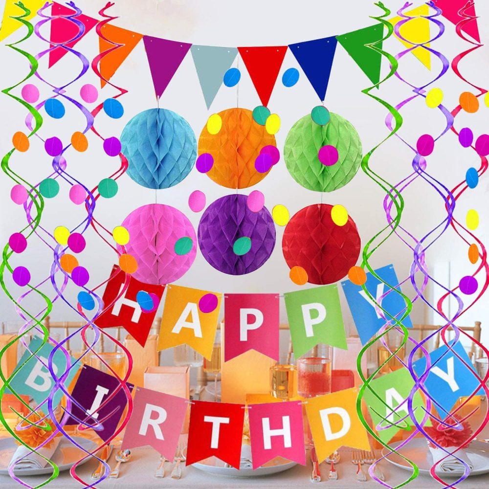 Birthday Party Decorations, Rainbow Happy Birthday Decorations Set, Happy Birthday Banner, Bunting, Metallic Hanging Swirls, Circle Parper Garland, Honeycomb Decorations Set for Girls and Womens - Image 3
