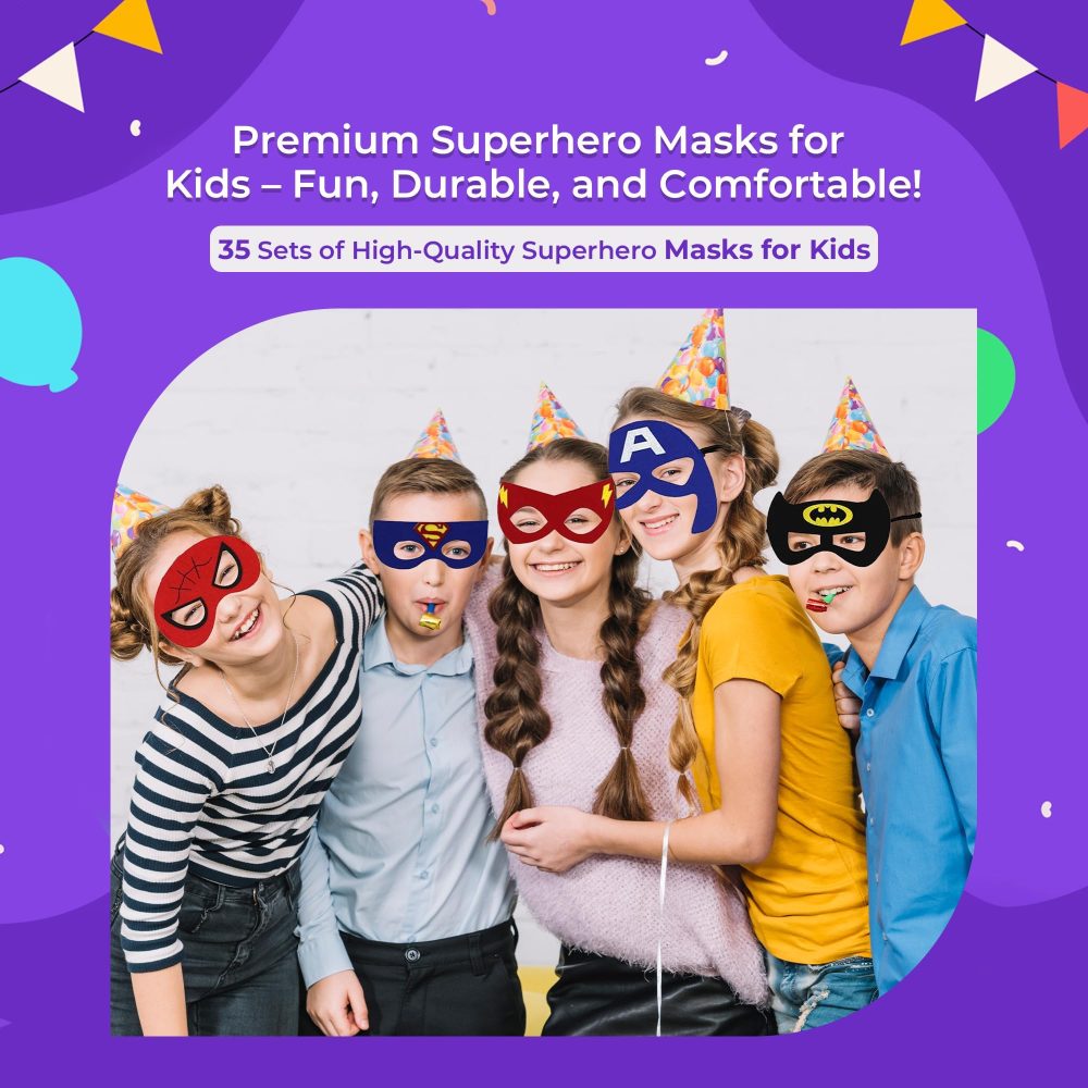 Direct Spech Ltd - 35 Pack Superhero Masks for Kids Party, Felt Cosplay Masks with Elastic Bands Fun Superheroes Party Supplies and Bag Fillers for Kids - Image 3