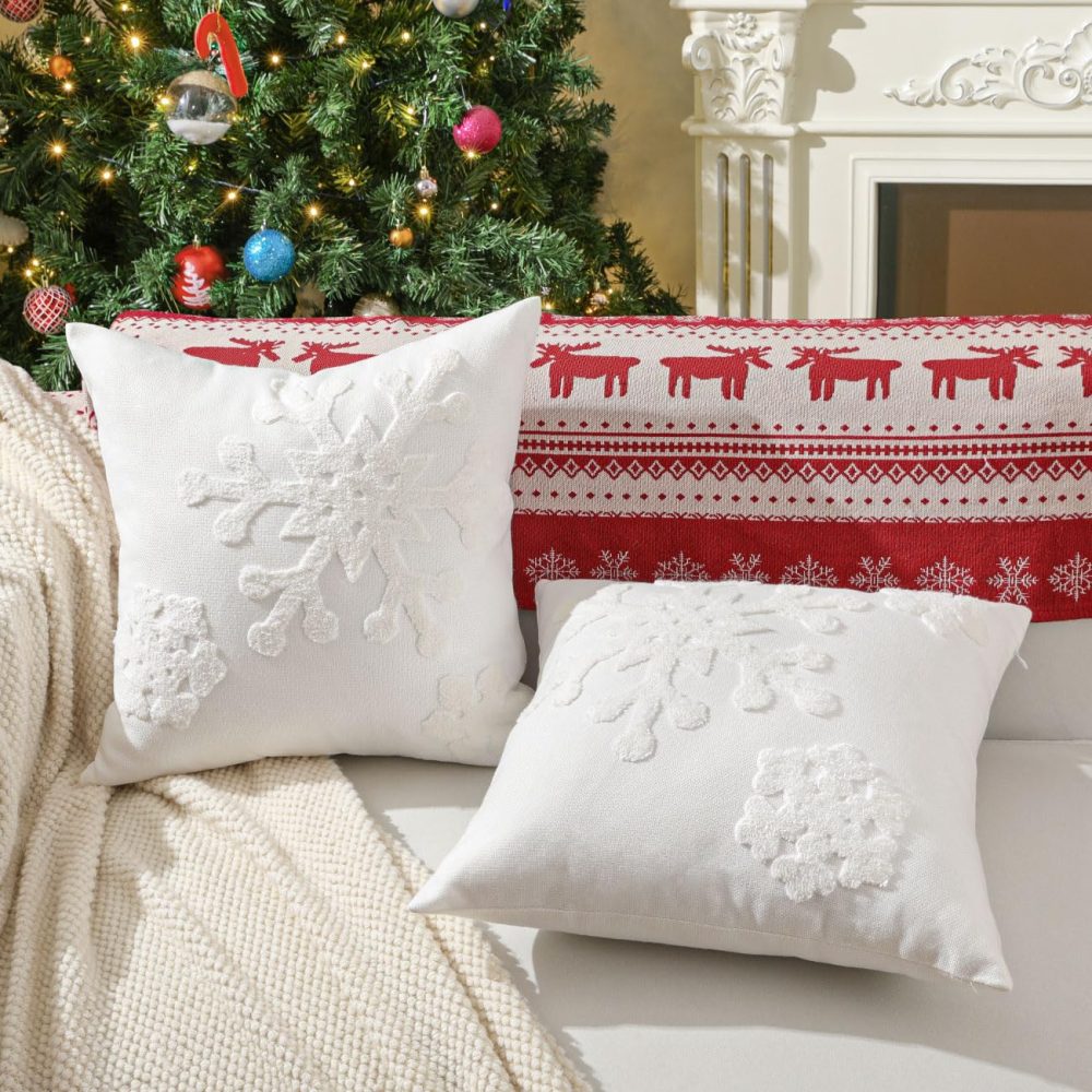 Lewondr Christmas Throw Pillow Cover, 2 Pack Snowflake Embroidery Decorative Throw Pillow Case Linen Sofa Cushion Cover for Party Thanksgiving Day Xmas Decor 16"x16"(40x40cm) - White - Image 3