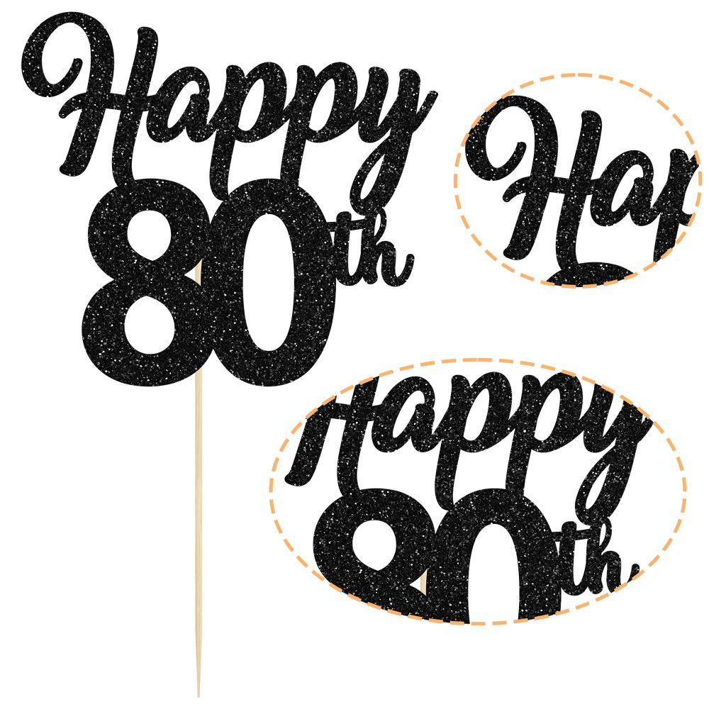 3Pcs Happy 80th Cake Topper Black Glitter Number 80 Eighty Birthday Cake Pick Decorations for Cheers to 80 Years Old 80th Birthday Wedding Anniversary Party Supplies - Image 8