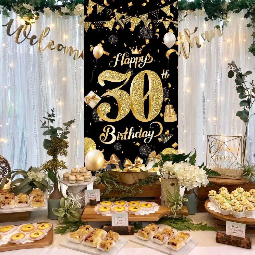 30th Birthday Door Banner,Black Gold 30th Birthday Decorations,Happy 30th Birthday Party Backdrop Banner,30th Birthday Door Hanging Banner for Women Men Birthday Party Photo Booth Supplies(90*185cm) - Image 2