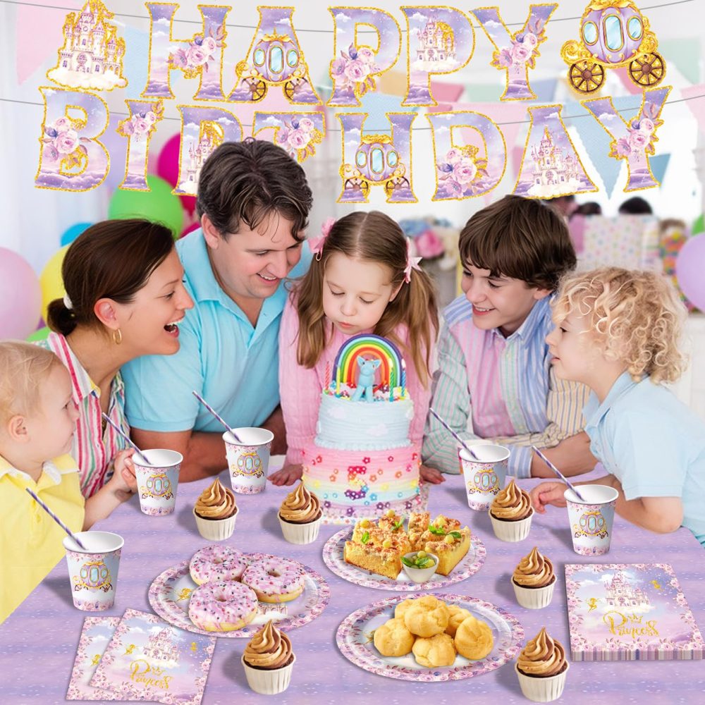 Princess Birthday Party Supplies Plates and Napkins Set for Girl, Purple Princess Castle Birthday Tableware Tablecloth for Girls Fairytale Princess Castle Theme Party Decorations, Serve 16 Guest - Image 5