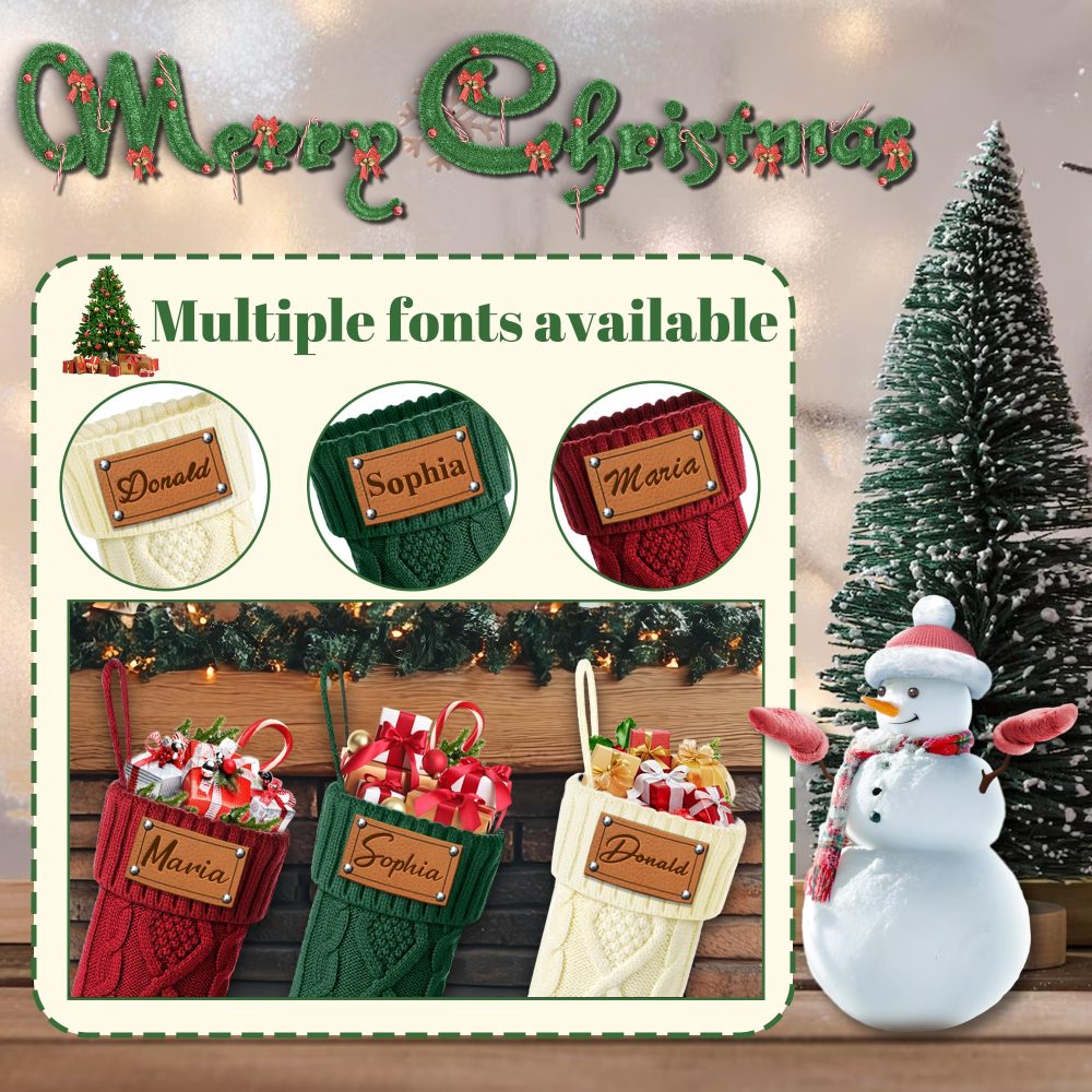 Udiyfun Personalised Christmas Stockings, Custom Christmas Stocking with Leather Laser Engraving Name, 46CM Large, Customised Knitted Xmas Stockings, Christmas Hanging Decor, Gifts for Family 1 Pcs - Image 3