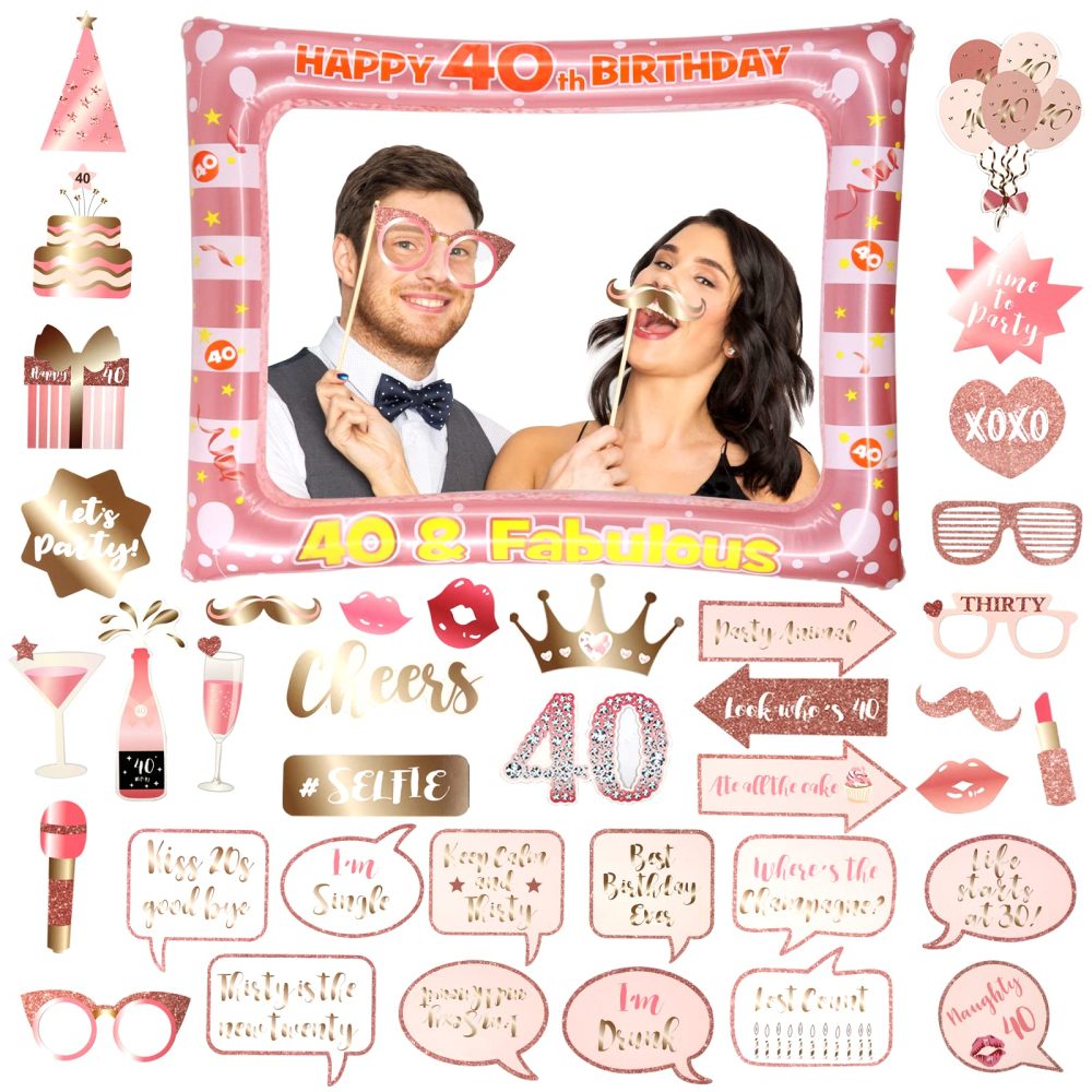 Newthinking 40th Birthday Photo Booth Props, Rose Gold Inflatable Selfie Frame Funny DIY Birthday Party Props for 40th Birthday Party Supplies Decoration