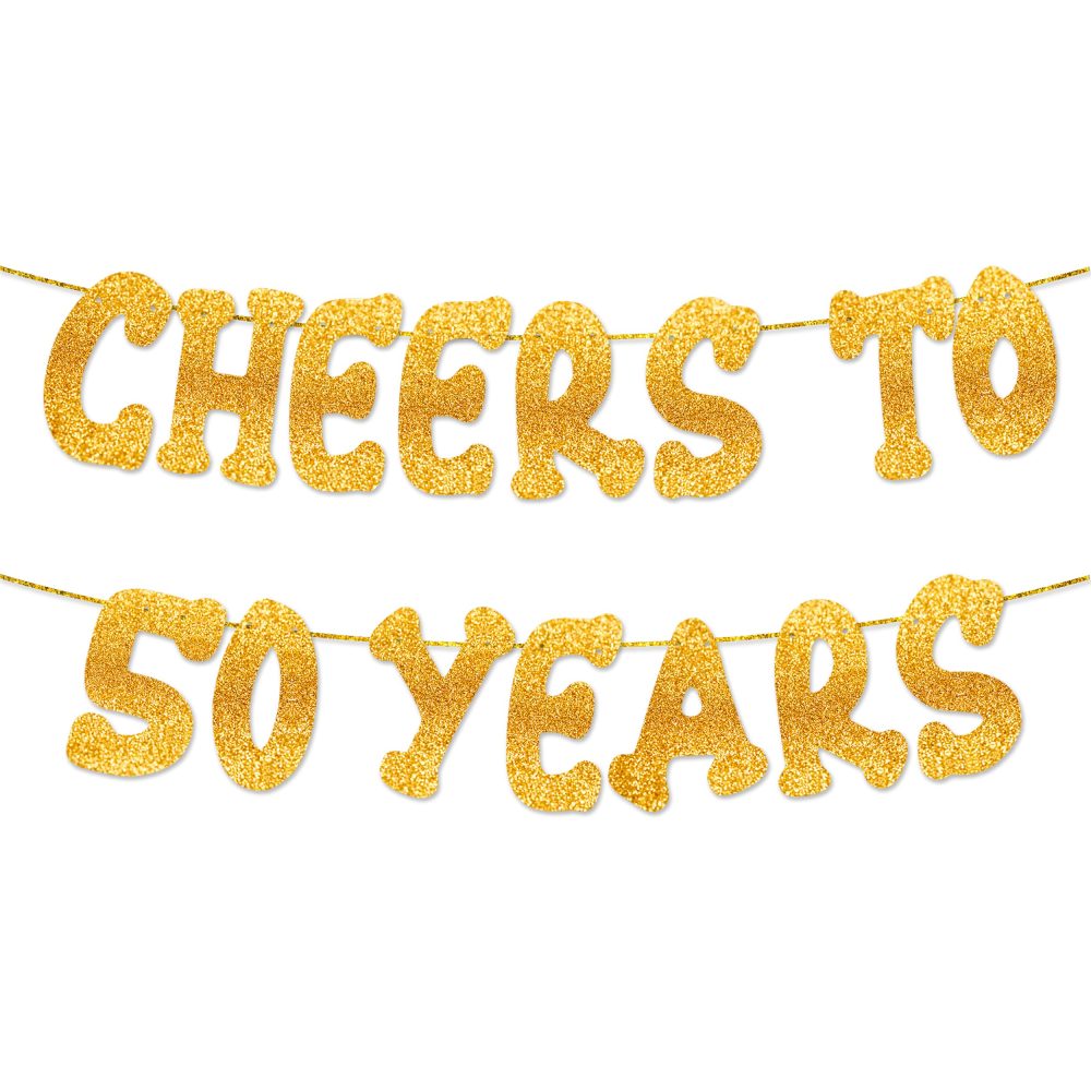 Cheers to 50 Years - Happy 50th Birthday Party Glitter Banner - 50th Birthday Party Decorations and Supplies - 50th Wedding Anniversary Decorations, Pre-strung - No DIY required