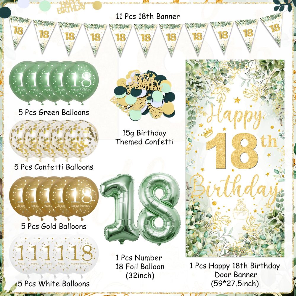18th Birthday Party Decorations for Girls Boys, Sage Green Happy 18th Birthday Decorations Green Gold 18th Birthday Door Banner Number 18 Foil Balloons for 18 Year Old Birthday Party Decor Supplies - Image 3