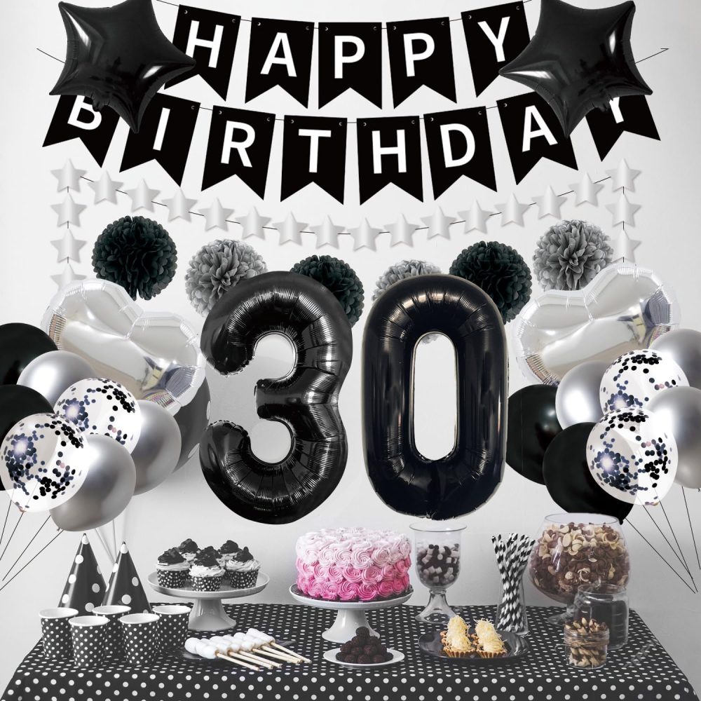 Afritee 30th Birthday Balloon Decorations - Black and Silver Happy Birthday Balloons for Men Women Happy 30th Birthday Banner Large 40" 30 Foil Balloons Cool 30th Birthday Balloons Set Supplies - Image 3