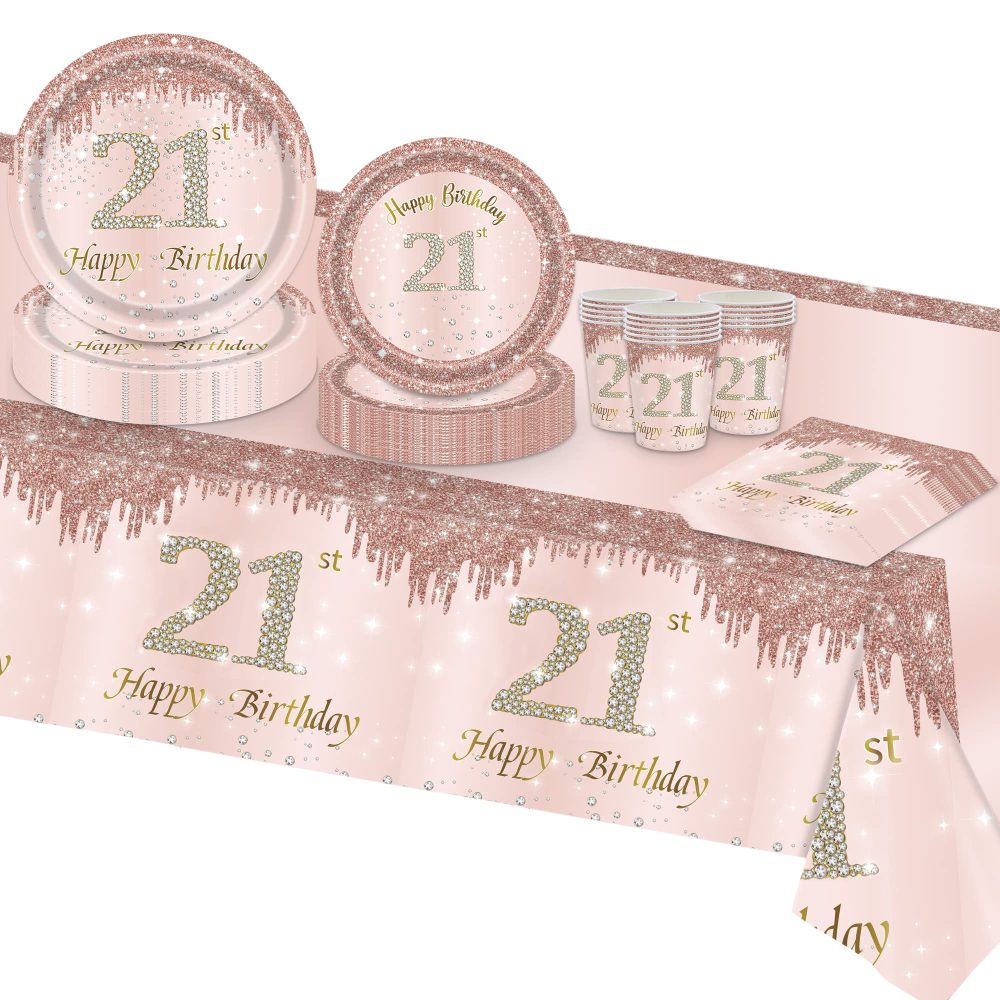 VReder Rose Gold 21th Birthday Decorations Party Tableware Set, Disposable Paper Party Plates Cups Napkins Tablecloth for Girls 21st Birthday Party Decorations Table Supplies 16 Guests