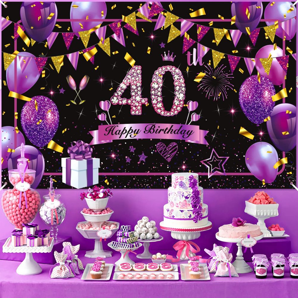 Purple 40th Birthday Decorations Banner Purple Black Gold Happy Birthday Sign Large Shiny Purple Black 40th Birthday Backdrop Background Photo Booth for Women 40th Birthday Anniversary Party Supplies - Image 7