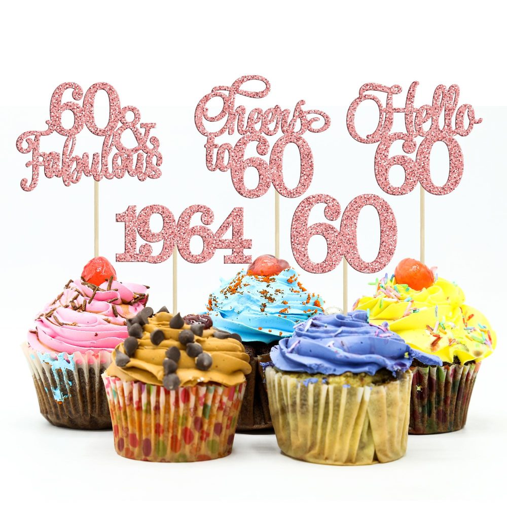 Gyufise 30Pcs 60th Birthday Cupcake Toppers 60 Fabulous Cupcake Picks Cheers to 60 1964 Cake Decorations for Happy 60th Birthday Wedding Anniversary Party Decoration Supplies Rose Gold