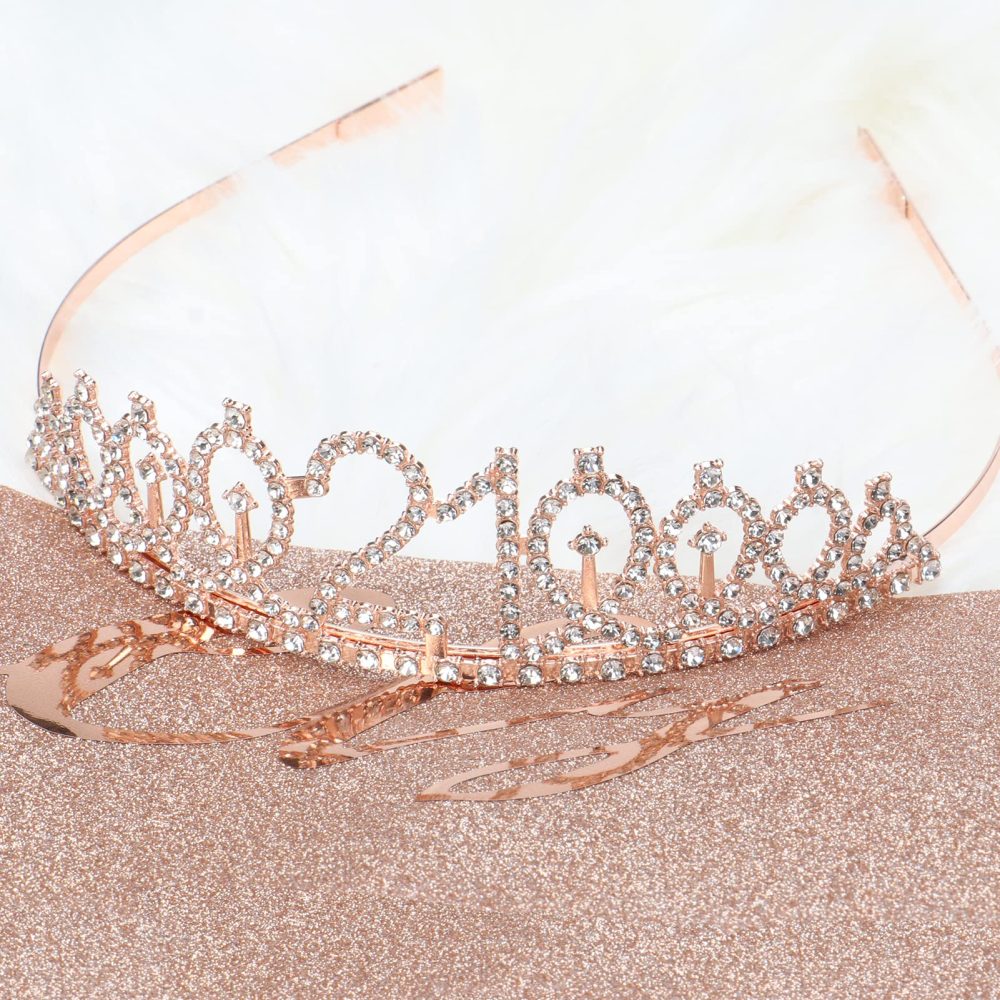 Jonvell 21th Birthday Sash and Tiara Crown Rose Gold 21th Sash Rhinestone Tiara Crown Birthday Cake Topper for Women Girls 21th Birthday Gift Party Decorations Supplies - Image 3