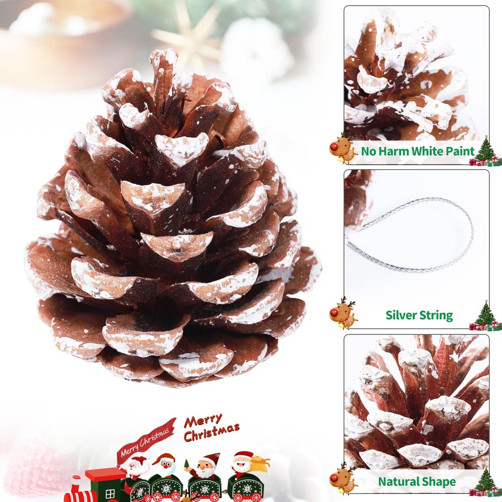 24pcs Christmas Pine Cones, Natural Hanging Snow Pinecones with string, Festival Holiday Ornaments for DIY Crafts Home Xmas Tree Winter Wreath Garland Wedding Decorations - Image 6