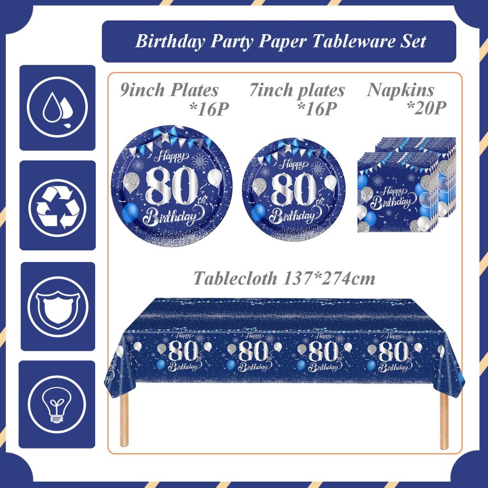 53Pcs Navy Blue and Sliver Happy 80th Birthday Party Tableware Set Plastic Table Cloth,Paper Plates Napkins 80th Birthday Table Decorations Disposable Tableware Kit for Man Men Him 80th Birthday Party - Image 5