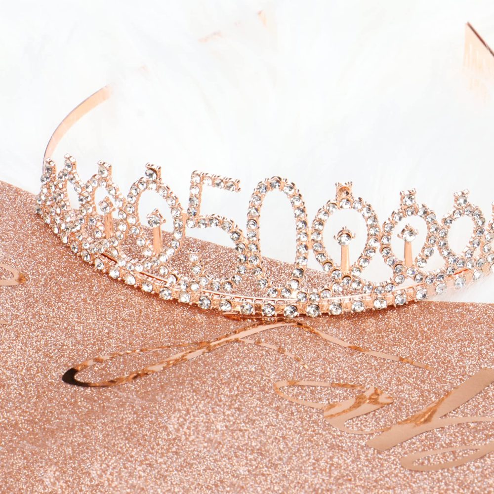Jonvell 50th Birthday Sash and Tiara Crown Rose Gold 50th Sash Rhinestone Tiara Crown Birthday Cake Topper for Women 50th Birthday Gift Party Decorations Supplies - Image 3