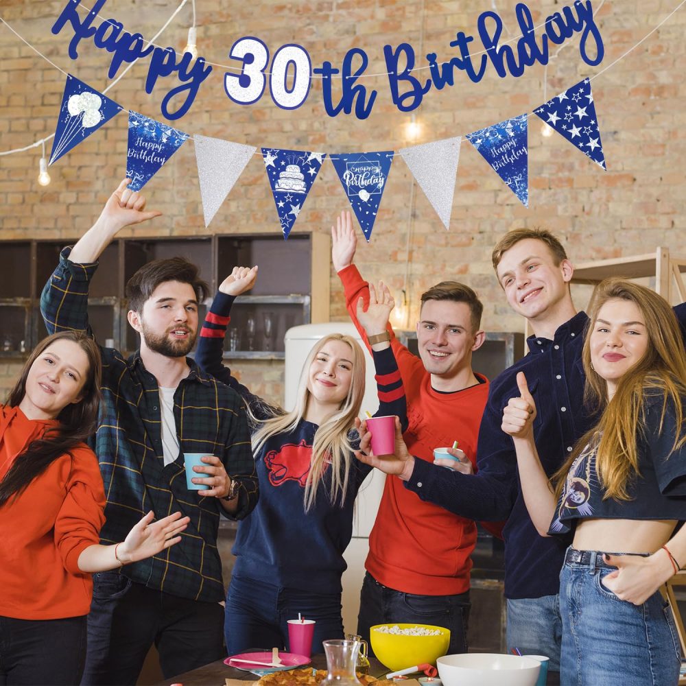 Happy 30th Birthday Banner Blue Happy Birthday Triangle Flag Banner Party Decorations Bunting Flags Party Supplies Decoration 30th Birthday Banners for Men Women A8LSLQZH (30) - Image 3