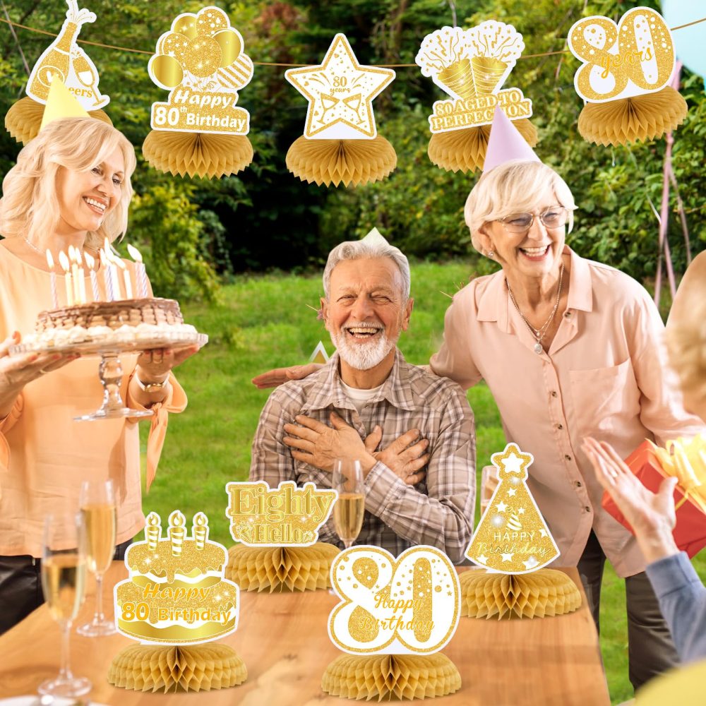 9Pcs White Gold 80th Birthday Decorations for Women White Gold Happy 80th Birthday Honeycomb Centerpiece for Women Men 80th Birthday Party Centerpiece Table Decorations Supplies - Image 3