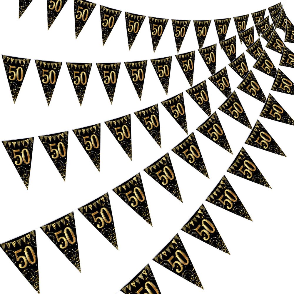 Frienda Happy Birthday Banner Bunting Flags 5 Pieces Gold and Black Glitter Birthday Anniversary Party Decoration Supplies, 7.4 x 10.8 Inch (50th Birthday)