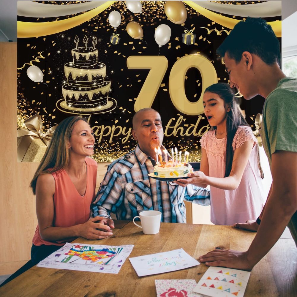 110x180cm Large Size Happy Birthday Banner 70th Black Gold Birthday Decoration Suitable for Men Women Any Birthday Celebration Background Decorations Tablecloth - Image 4