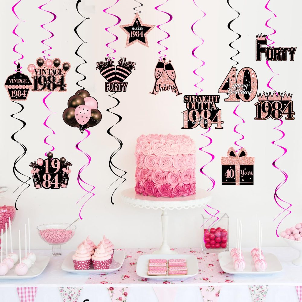 40th Birthday Party Hanging Swirls Streamers,40PCS Rose Pink Shiny Foil Swirls Celebration Hanging Swirls Decorations,40th Birthday Decorations for 40th Birthday Anniversary Party Decorations Supplies - Image 5