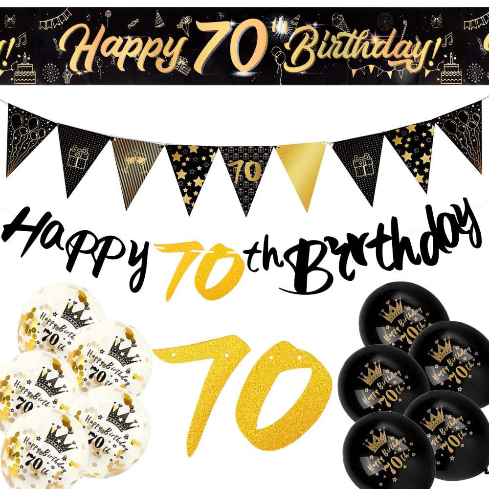 70th Birthday Decorations Kit, 13 Pieces Birthday Party Decoration Include Happy 70th Birthday Banner, Bunting, 12” Latex Printed Balloons, 9ft Banner for Women Men 70th Birthday Decorations Supplies