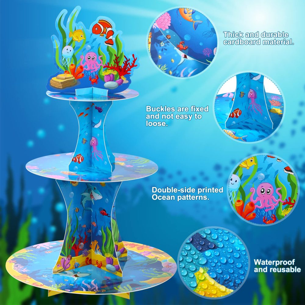 3 Tiers Under the Sea Cardboard Cupcake Stand Ocean Birthday Party Decorations Dessert Cupcake Stand Holder for Sea Creature Shark Party Tropic Fish Beach Party Baby Shower Supplies - Image 6