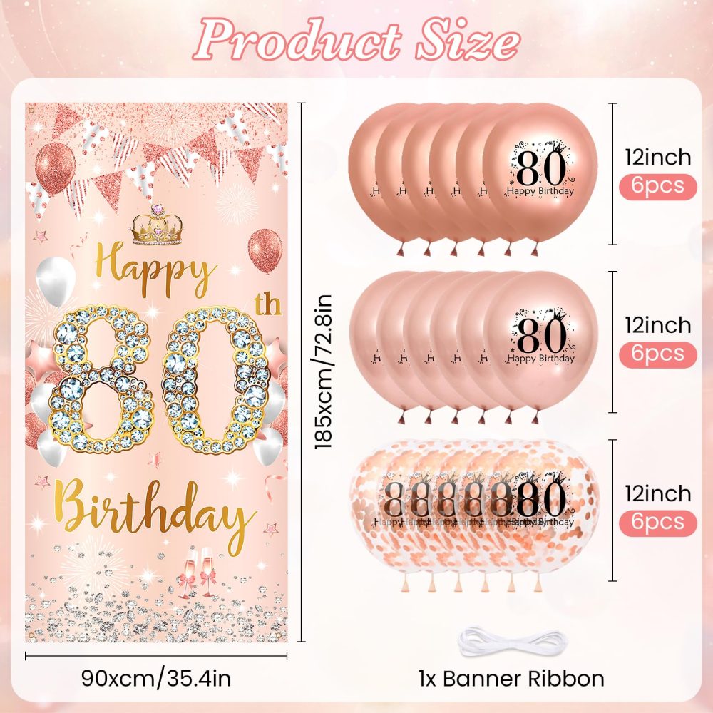 Rose Gold 80th Birthday Decorations Banner for Women, Happy 80th Birthday Door Banner with 18pcs 80th Balloons for Women 80th Birthday Anniversary Party Backdrop Decor Supplies Sign Porch Background - Image 2