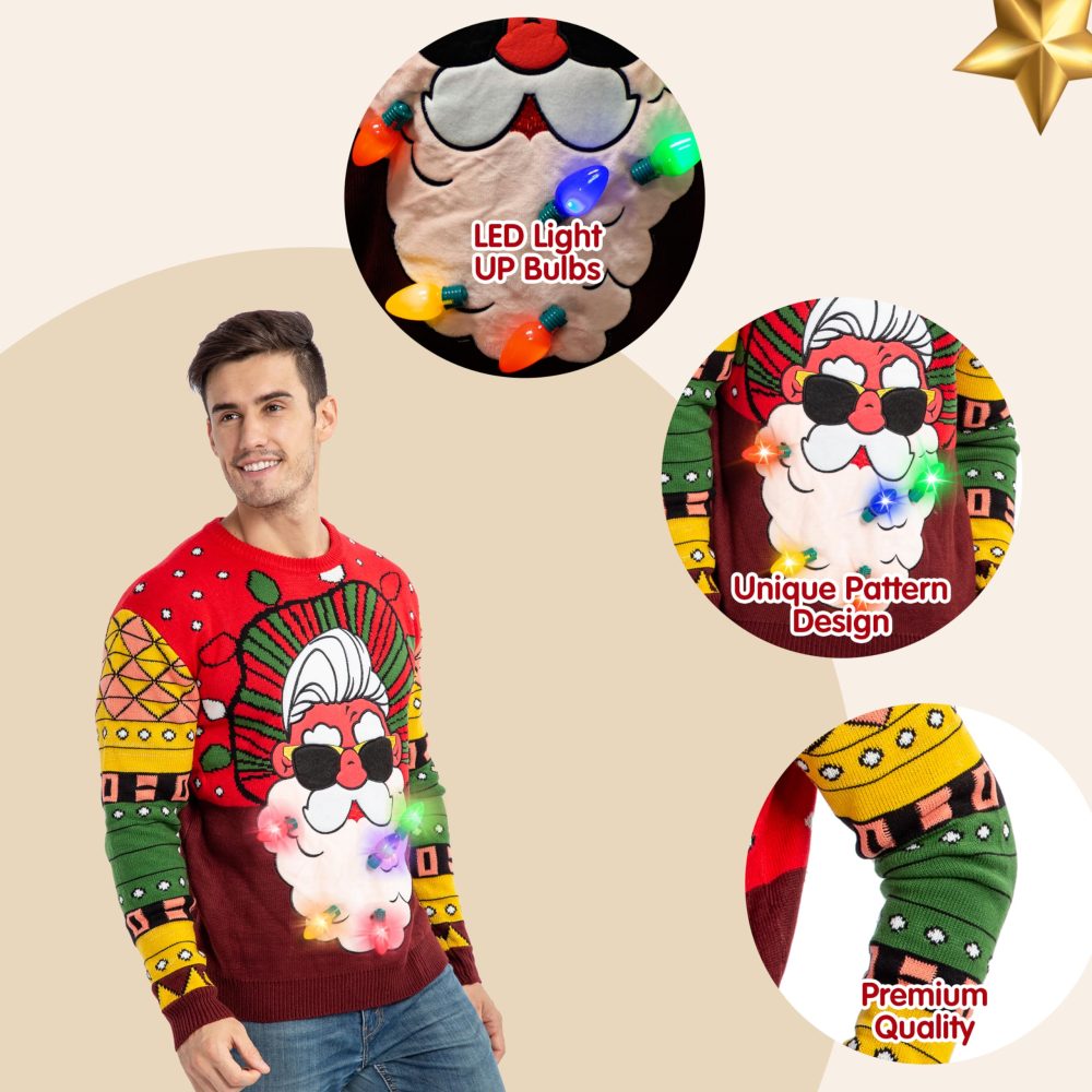JOYIN Mens LED Light Up Christmas Holiday Ugly Jumpers with Built-in Light Bulbs Ugly Christmas Sweater(XL, Red Santa) - Image 6