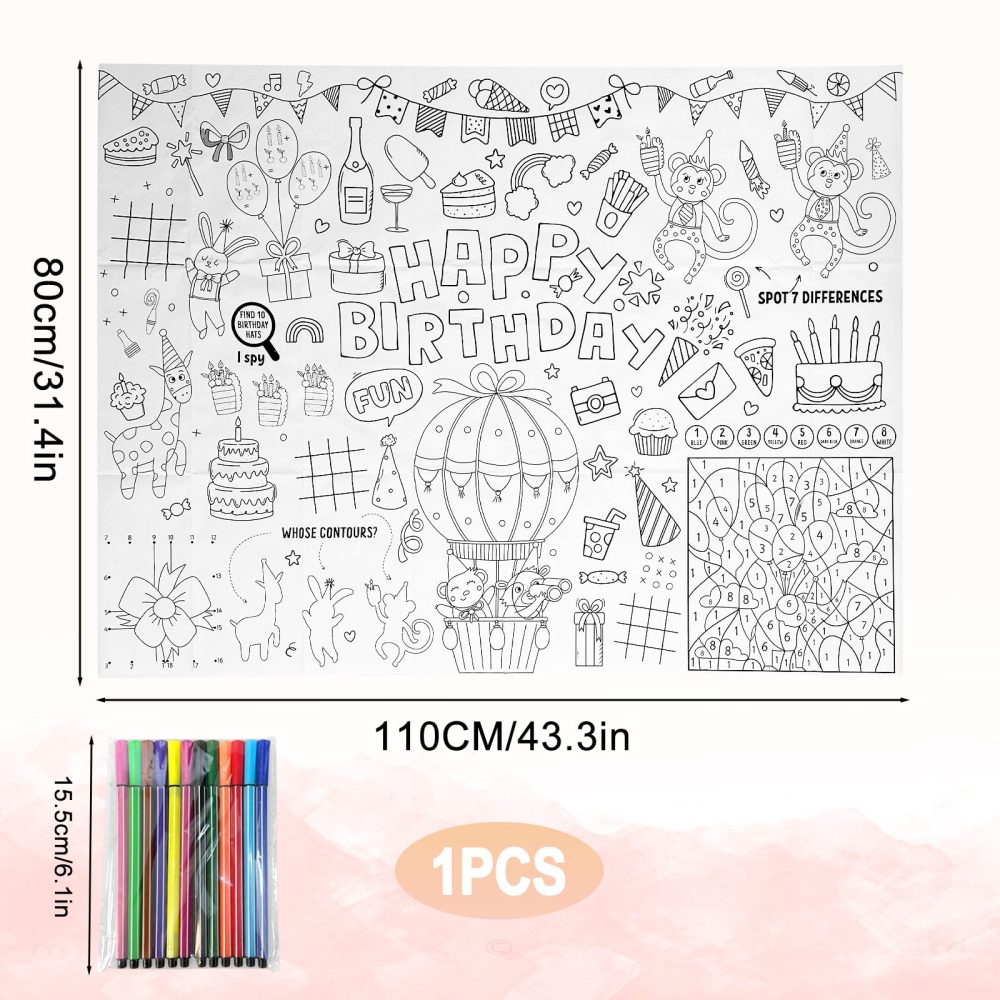 LMSHOWOWO 110 X 80cm Happy Birthday Table Cloth, Coloring Tablecloth for Kids with 12 Paint Pens, DIY Kids Party Tablecloth, for Kids Birthday Party Favors Supplies Craft Doodle Art - Image 6
