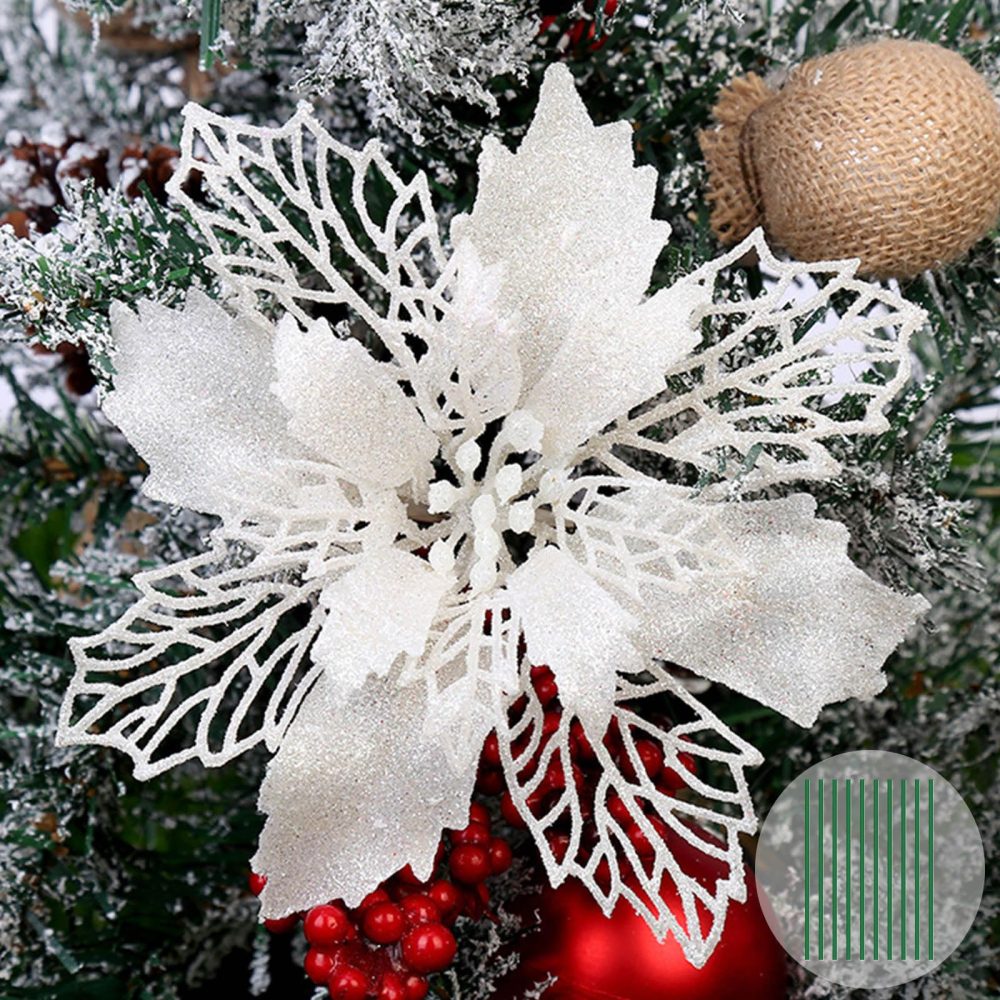 Yueshop 10 PCS Christmas Flowers Large (15CM) Poinsettia Glitter Flower Christmas Tree Hanging Party Xmas Decor (White) - Image 9