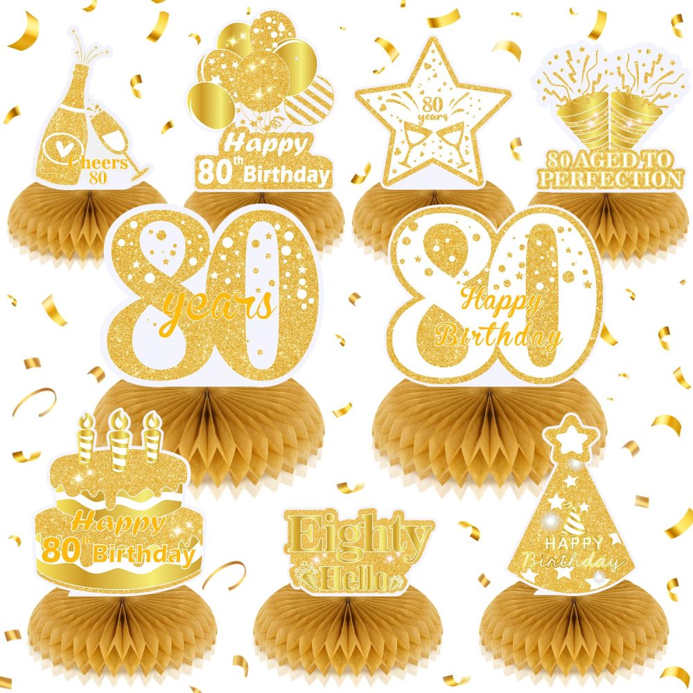 9Pcs White Gold 80th Birthday Decorations for Women White Gold Happy 80th Birthday Honeycomb Centerpiece for Women Men 80th Birthday Party Centerpiece Table Decorations Supplies