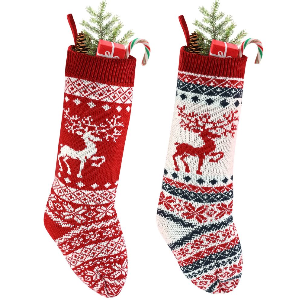 Feelava 46CM Knit Christmas Stocking 18inch Reindeer Knitted Xmas Stocking Boot Xmas Ornaments Bag Traditional Hanging Bags for Family Holiday Party Decorations,2 Pack